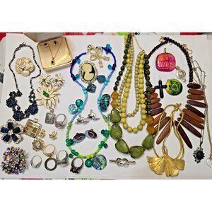 Vintage to Modern Jewelry Lot Brooches Rings Necklaces Pendants Earrings